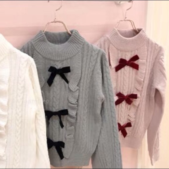 Winter Pink Knit Ruffle Sweater with Magenta Bow - Picture 4 of 8